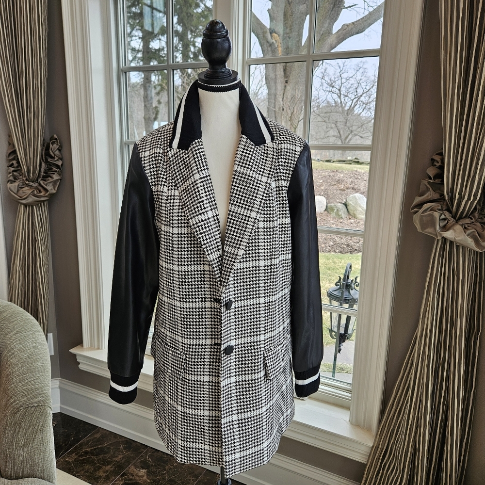 Varsity Blazer in Houndstooth Black & White With Faux Leather Sleeves